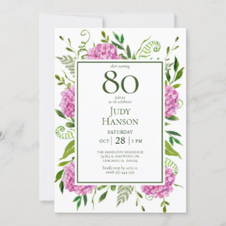 80. Geburtstag Pink Hydrangeen-Kartenanfrage  Einladung
