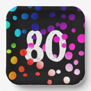 80. Geburtstag Rainbow Dots auf Black Pappteller