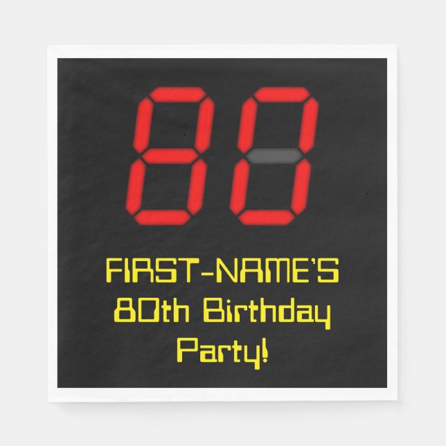 80. Geburtstag: Red Digital Clock Style "80" + Nam Serviette (Vorderseite)
