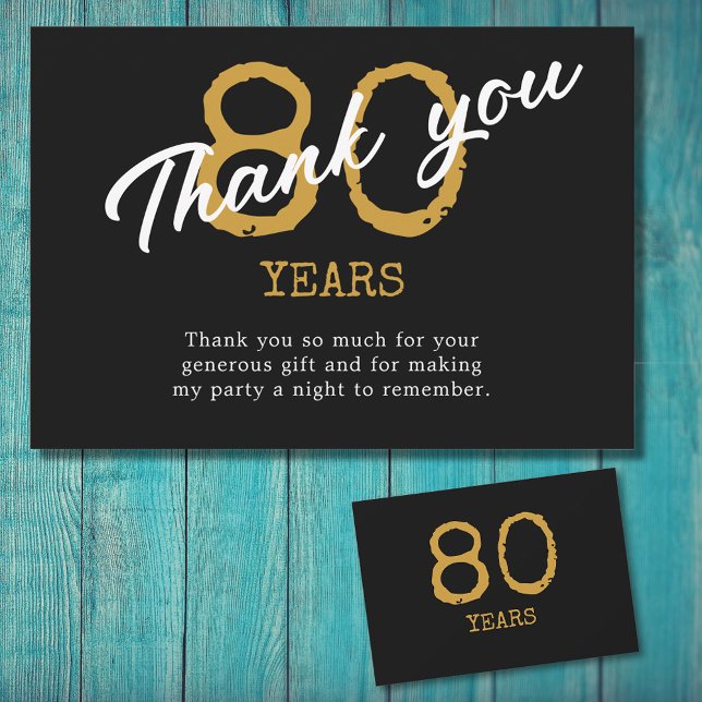 80. Geburtstag Retro Schwarz und Gold Dankeskarte (After that milestone 80th birthday party it's time to say thank you.)