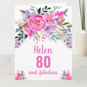 80. Geburtstag rosa Aquarell-Blumenkarte Karte
