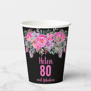 80. Geburtstag rosa Blumenbecher Pappbecher