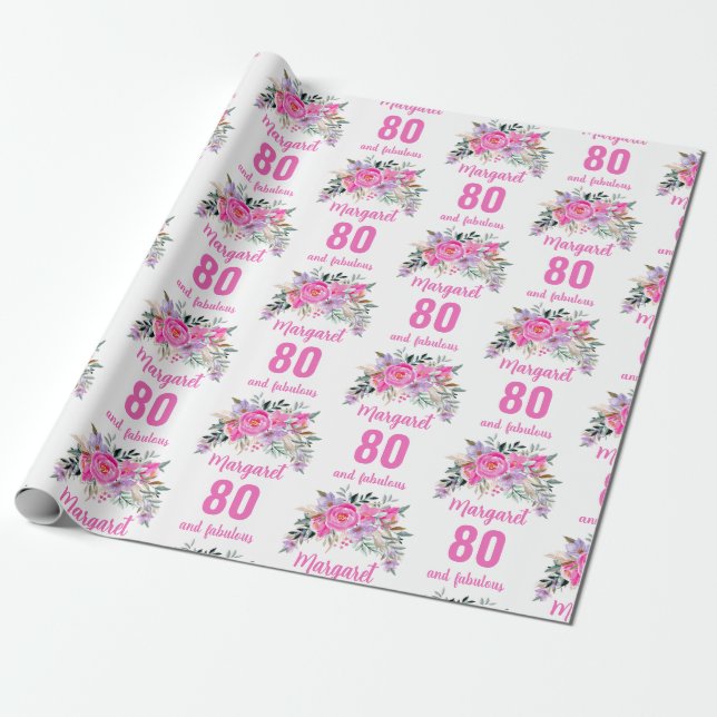 80. Geburtstag rosa Blüte Geschenkpapier (Ungerollt)