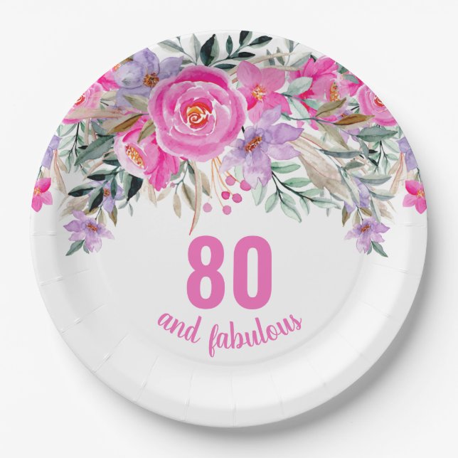80. Geburtstag rosa Blüte Pappteller
