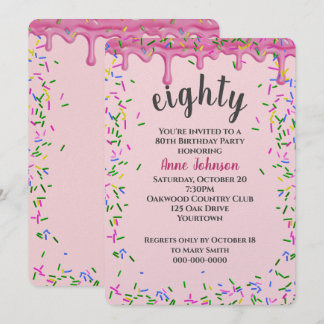 80. Geburtstag rosa Icing und Sprinklen Einladung