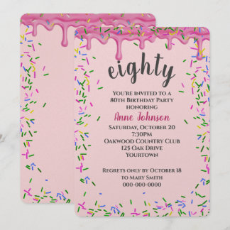 80. Geburtstag rosa Icing und Sprinklen Einladung