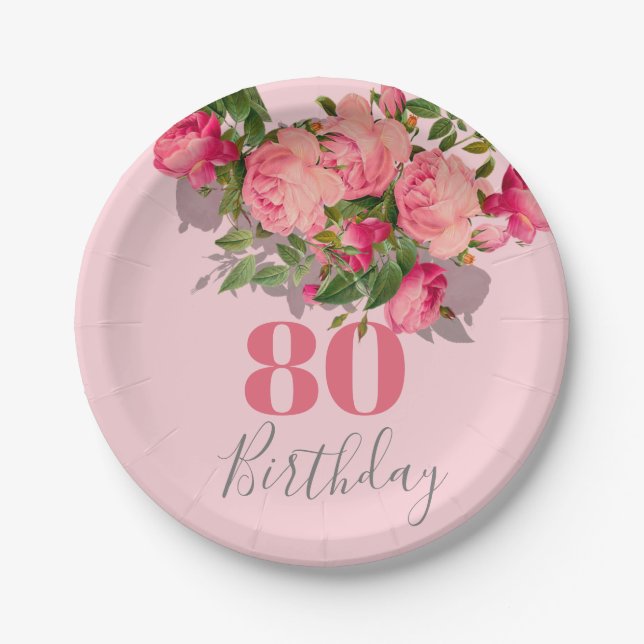 80. Geburtstag Rosa Rose Elegant 80. Pappteller (Vorderseite)