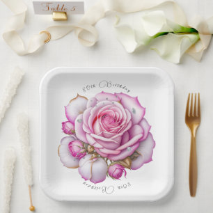 80. Geburtstag rosa Rosen und funkelnde Diamanten Pappteller
