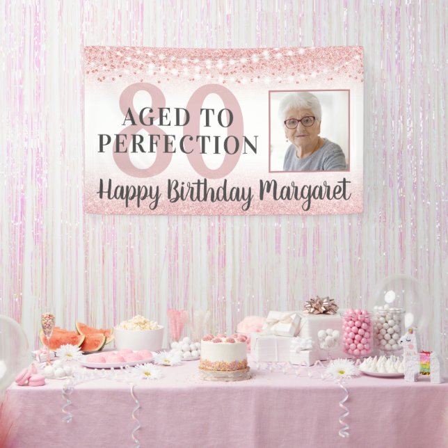 80. Geburtstag Rose Gold Glitzer Foto Banner (Party)
