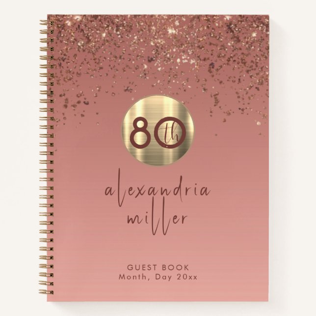80. Geburtstag Rose Gold Glitzer Guestbook Notizbuch (Vorderseite)