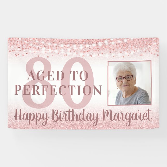 80. Geburtstag Rose Gold Glitzer Lights Foto Banner (Horizontal)