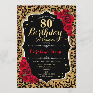 80. Geburtstag - Rote Rosen Leopard Print Einladung