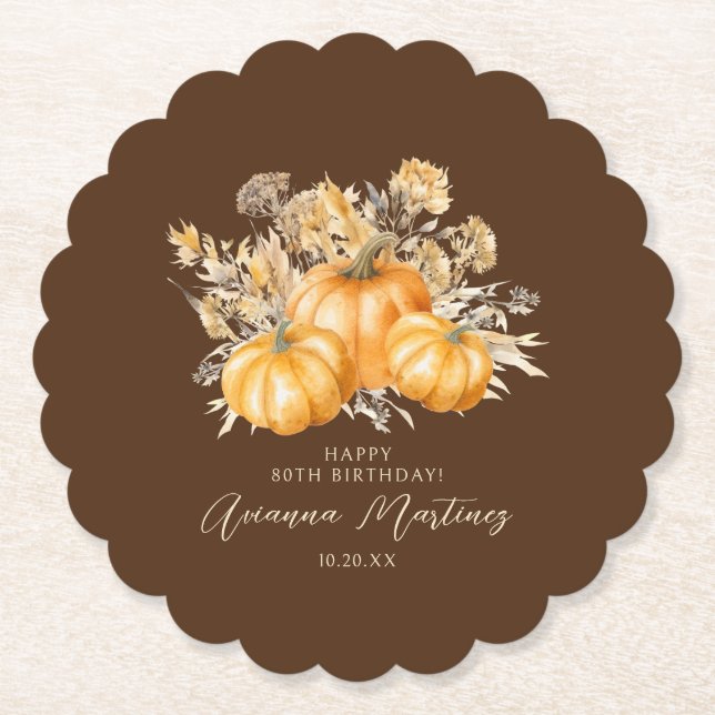 80. Geburtstag Rustic Boho Pumpkin Fall Custom Untersetzer (Vorderseite)