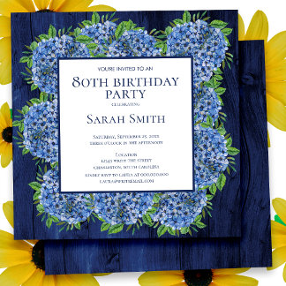 80. Geburtstag Rustic Wood Blue Hydrangeas Party Einladung