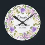 80. Geburtstag Rustikale Lila Blütenlaufuhr Runde Wanduhr<br><div class="desc">Ein Geschenk oder Sake für einen 80. Geburtstag. Lila Rose sind in grünen Blätter eingebettet. Der Name ist in wunderschöner Kalligrafie mit 80. Geburtstag und Datum unten geschrieben.</div>