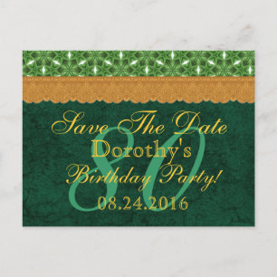 80. Geburtstag Save the Date Green und Gold Lace 0 Ankündigungspostkarte