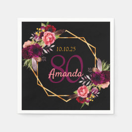 80. Geburtstag schwarz bordeauxrot Blumen geometri Serviette
