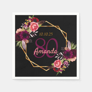 80. Geburtstag schwarz bordeauxrot Blumen geometri Serviette