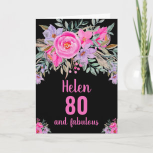80. Geburtstag schwarz rosa Wasserfarbe Blumengruß Karte
