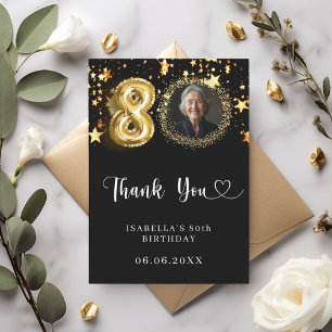 80. Geburtstag schwarze goldene Sterne Foto Dankeskarte