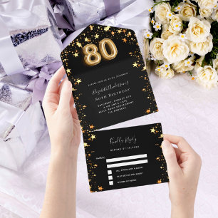80. Geburtstag schwarze goldene Sterne rsvp All In One Einladung
