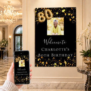 80. Geburtstag Schwarze Goldstars Foto willkommen Poster