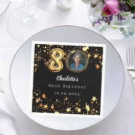 80. Geburtstag Schwarzes Gold Sterne Foto Serviette