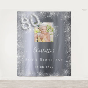 80. Geburtstag Silber-Foto-Glitter-Staub-Willkomme Wandteppich