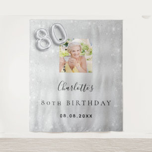 80. Geburtstag Silber-Foto-Glitter-Staub-Willkomme Wandteppich
