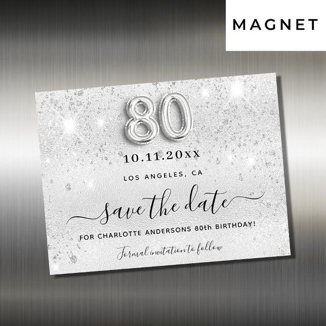80. Geburtstag Silber Glitter Save the Date Magnet (Von Creator hochgeladen)