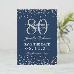 80. Geburtstag Silber Rett Datum Confetti Navy Blu Einladung