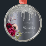 80. Geburtstag Silberner Glitzer Tropfen Blumenbur Ornament Aus Metall<br><div class="desc">Ein Ornament zum 80. Geburtstag. Ein dunkles Imitat silber metallisch aussehender Hintergrund. Mit dunklen lila und bordeauxfarbenen Blume und Rose rosa, Imitate silberne Glitzer tropfen, Farbe Tropfen aussehen. Vorlagen für einen Namen, Datum und Alter 80. Der Name ist mit einem weißen, modernen, handgeschriebenen Stil geschrieben. Perfekt wie Winterdekoration, Gaumenfreuden, Sake...</div>