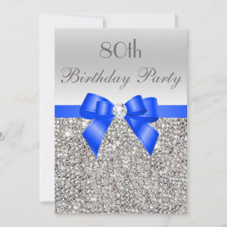 80. Geburtstag Silver Sequin Royal Blue Bow Diamon Einladung