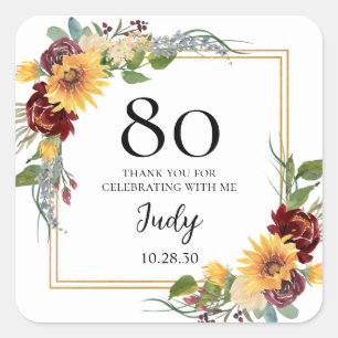 80. Geburtstag Sonnenblumen Dankeschön Quadratischer Aufkleber