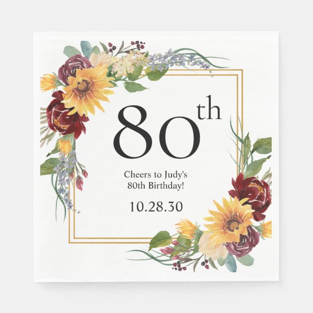 80. Geburtstag Sonnenblumen Serviette (Vorderseite)