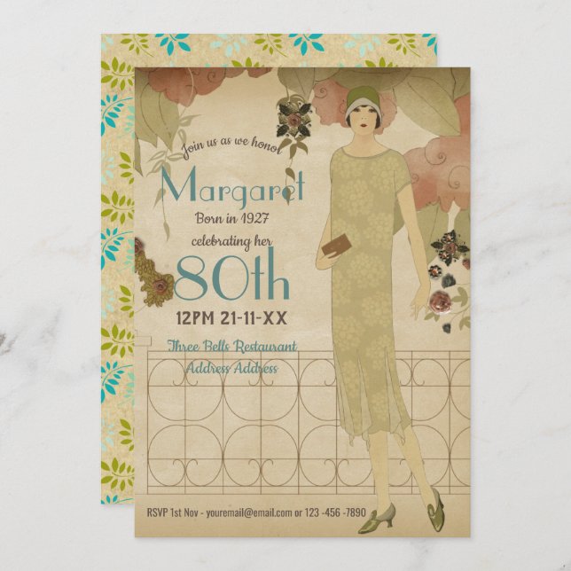 80. Geburtstag Vintag 1930 Einladung Nouveau Achtz (Vorne/Hinten)