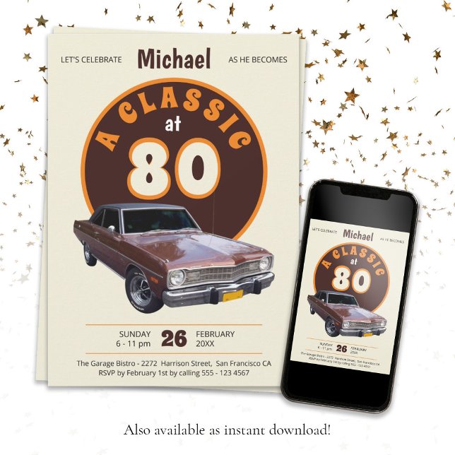 80. Geburtstag Vintag Classic Car Fun Retro Einladung (80th Birthday Vintage Classic Car Fun Retro Invitation)