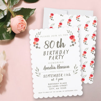 80. Geburtstag Wasserfarben Rose Twig Floral Party Einladung