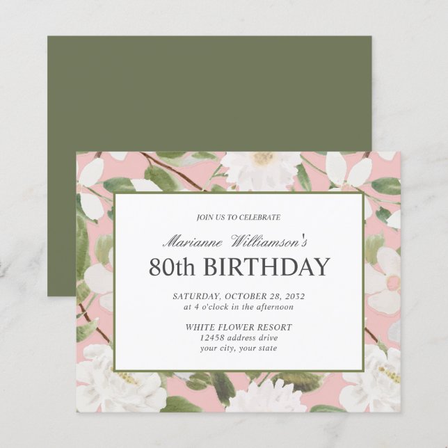 80. Geburtstag Weiße Blume Rosa (Vorne/Hinten)