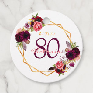80. Geburtstag weißes Blumengold geo burgundy Name Geschenkanhänger