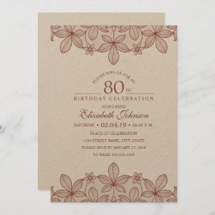 80. Geburtstags-Party-rustikales Spitze-Braunes Einladung