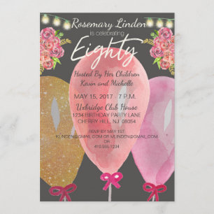 80. Geburtstagsballons Blume und Lichter laden ein Einladung