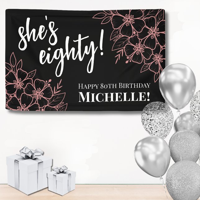 80. Geburtstagsfeier Banner (Eighty Black Rose Gold 80th Birthday Party Banner)