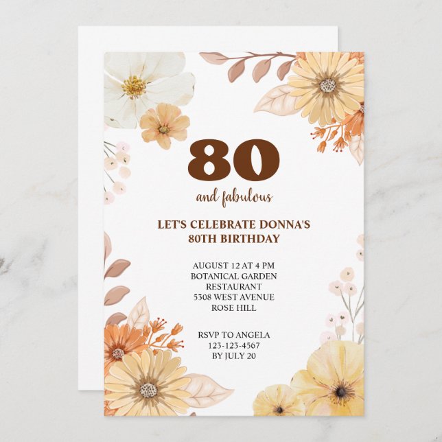 80. Geburtstagsfeier mit eleganten Blume Einladung (Vorne/Hinten)