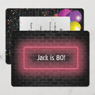 80. Geburtstagsfeier Neon-Schild an der Wand Einladung