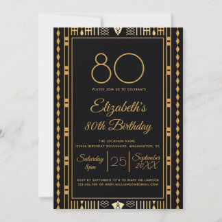80. Geburtstagsfeier Schwarz Gold Elegant Anpassen Einladung