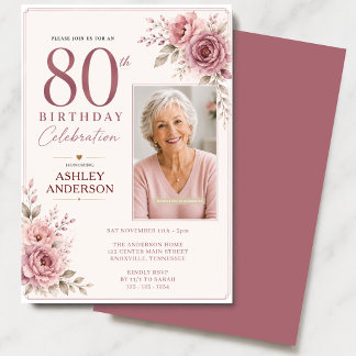 80. Geburtstagsfoto Floral Dusty Pink Einladung