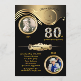 80. Geburtstagsfrau 80., Deko, schwarzes Gold Einladung