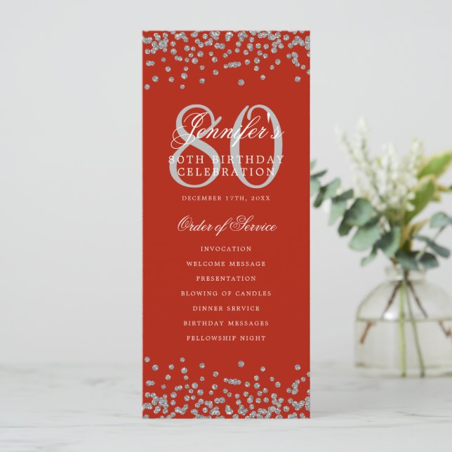 80. Geburtstagsmenü dank Silver Red Einladung (Stehend Vorderseite)