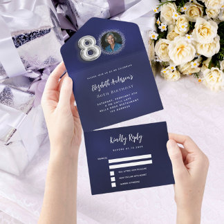 80. Geburtstagsnacht blaues silbernes Foto uAwg All In One Einladung